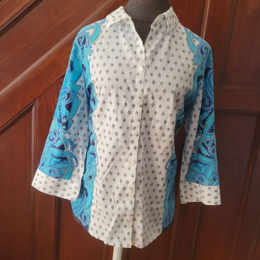 Chicos No-Iron Button-Down Shirt With Blue Paisley & Geometric Print Size 2 Larg
